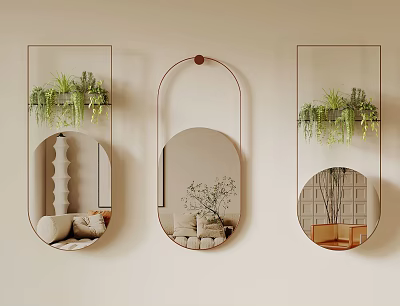Stylish Wall Mirrors Round and Rectangular Mounted on Beige Wall Reflecting Green Plants and Furniture 3d model