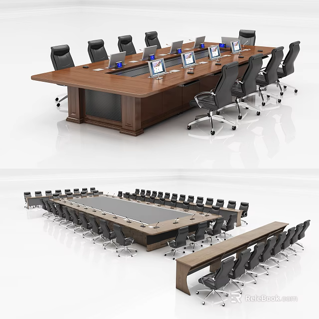 Large Modern Conference Table With Black Office Chairs And Laptop Screens 3d model 
