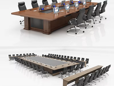 Large Modern Conference Table With Black Office Chairs And Laptop Screens 3d model