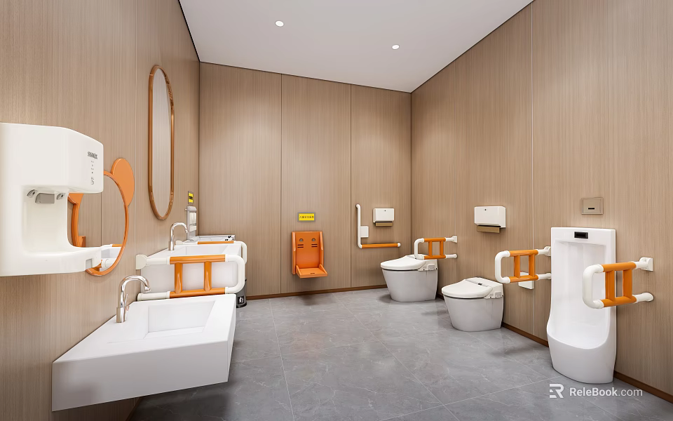 Contemporary Restroom Interior With Wooden Walls Gray Flooring White Fixtures Orange Handrails And Oval Mirror 3d model 