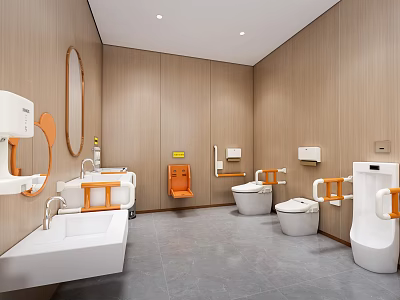Contemporary Restroom Interior With Wooden Walls Gray Flooring White Fixtures Orange Handrails And Oval Mirror 3d model