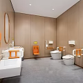 Contemporary Restroom Interior With Wooden Walls Gray Flooring White Fixtures Orange Handrails And Oval Mirror