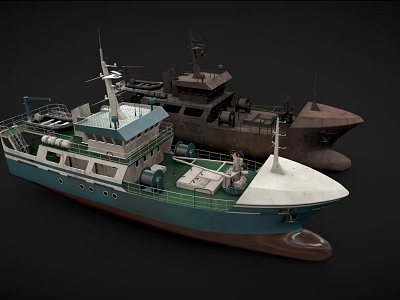 Two Ships Featuring Blue White Green Hull And Dark Industrial Deck Design 3d model