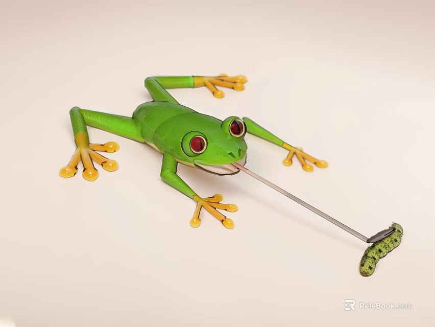 Green Frog Doll With Red Eyes Yellow Toes Catching Green Worm 3d model 