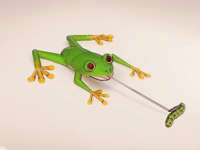 Green Frog Doll With Red Eyes Yellow Toes Catching Green Worm 3d model