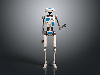 Detailed Blue And White Humanoid Robot With Mechanical Limbs Standing In Dark Background 3d model