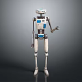 Detailed Blue And White Humanoid Robot With Mechanical Limbs Standing In Dark Background