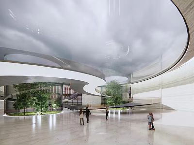 Cultural Center Modern Curved Architecture With Interior Greenery Open Space And Visitors 3d model