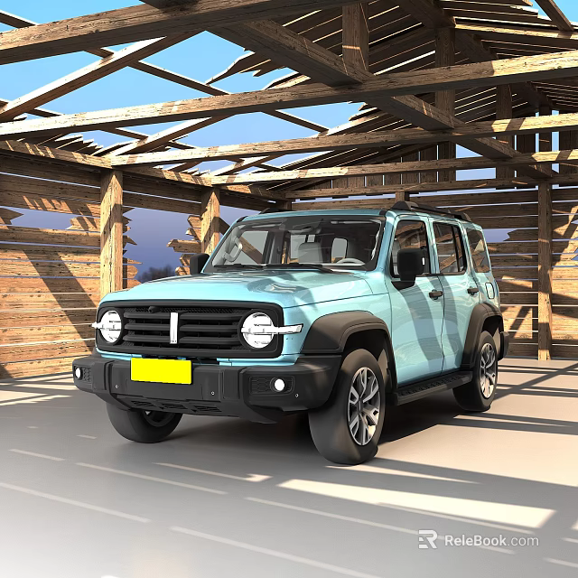 Modern Light Blue SUV with Rugged Design and Circular Headlights in Wooden Garage 3d model 