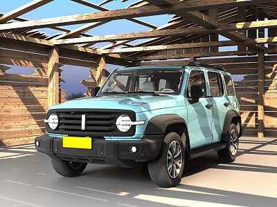 Modern Light Blue SUV with Rugged Design and Circular Headlights in Wooden Garage 3d model