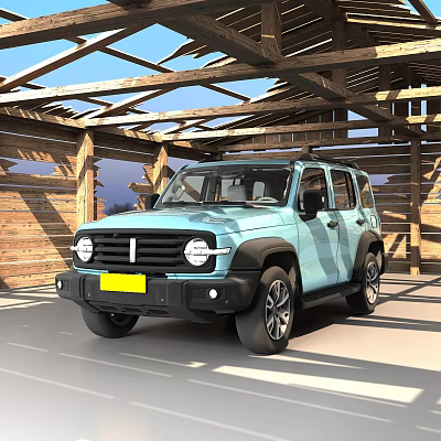 Modern Light Blue SUV with Rugged Design and Circular Headlights in Wooden Garage 3d model