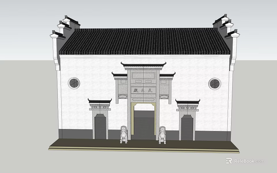 Traditional Chinese Style Entrance Gate with Black Roof Curved Eaves Stone Lions and White Walls 3d model 