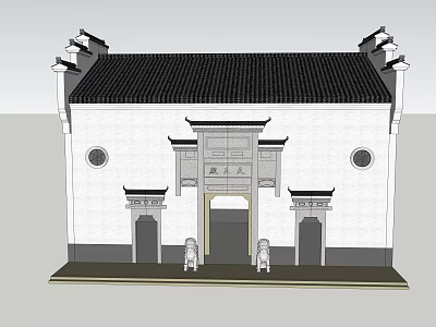 Traditional Chinese Style Entrance Gate with Black Roof Curved Eaves Stone Lions and White Walls 3d model