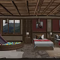 Cozy Kids Bedroom With Wooden Ceiling Chandeliers Mountain View Windows Two Beds And Play Area