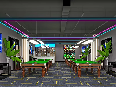 Modern Billiard Room Interior With Wooden Tables Neon Lights Green Plants And Patterned Carpet 3d model