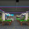 Modern Billiard Room Interior With Wooden Tables Neon Lights Green Plants And Patterned Carpet
