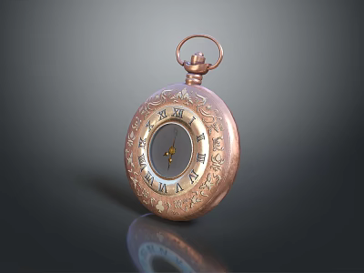 Vintage Copper Pocket Watch With Ornate Engraved Design And Roman Numeral Dial 3d model