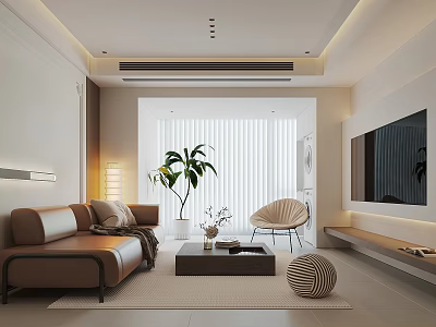 Modern Living Room With Brown Sofa Green Plant White Blinds And Beige Accent Chair 3d model