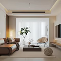 Modern Living Room With Brown Sofa Green Plant White Blinds And Beige Accent Chair