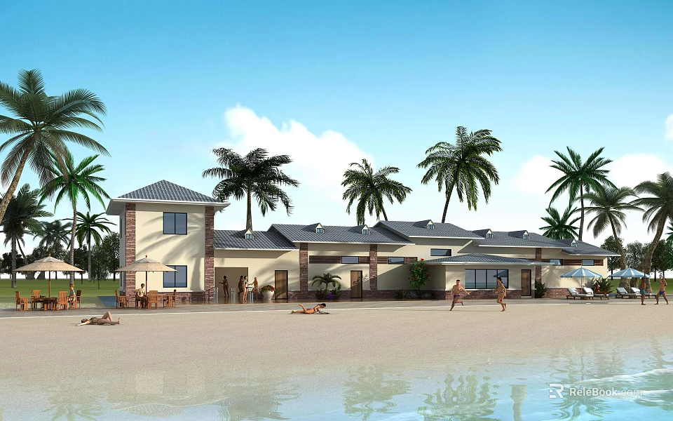 Tropical Beach Scenery With Palm Trees Coastal Building Sandy Shore And Calm Water 3d model 