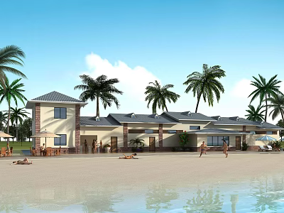 Tropical Beach Scenery With Palm Trees Coastal Building Sandy Shore And Calm Water 3d model