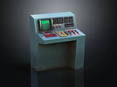 Vintage Blue Industrial Control Console Featuring Green Display Screen And Various Control Buttons And Knobs 3d model