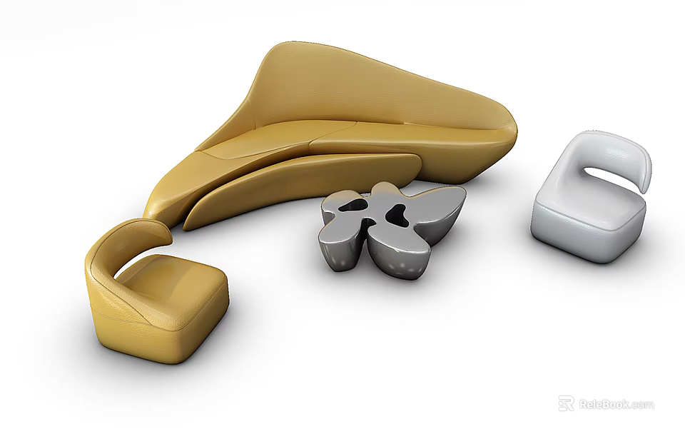 Modern Yellow Sofa And Silver Flower Shaped Coffee Table Set 3d model