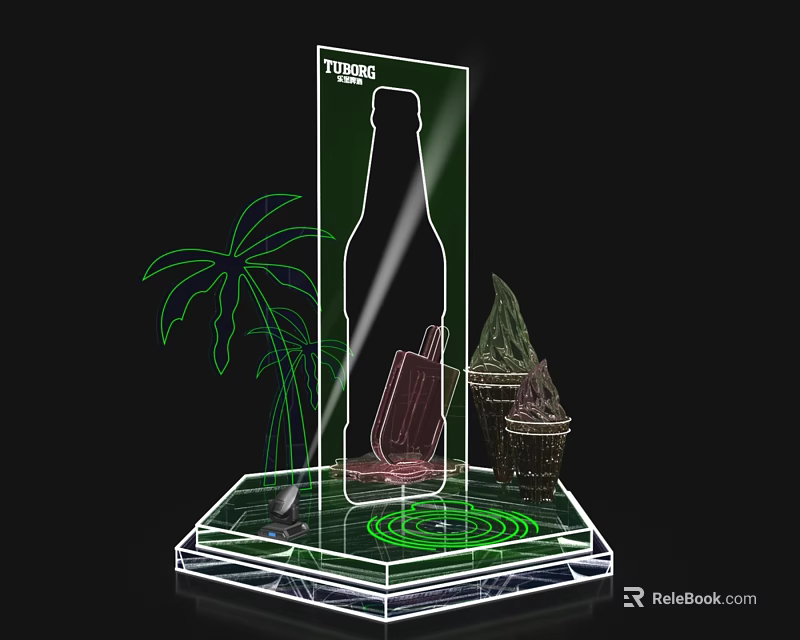 Transparent Acrylic Display Stand With Tsingtao Beer Bottle Palm Leaf And Green Light 3d model 