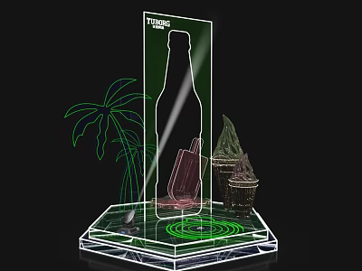 Transparent Acrylic Display Stand With Tsingtao Beer Bottle Palm Leaf And Green Light 3d model
