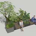 Outdoor Garden Bench With Lush Green Plants Trees And Two People Sitting