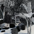Beautiful Garden Landscape with Trees Pavilion Rocks Purple Flowers and Green Shrubs