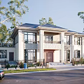 Two Story Single Family House With Dark Roof Light Exterior Front Steps And Trees