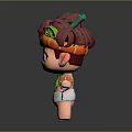 Adorable Cartoon Creature with Purple Bun Hair Orange Headpiece Green Leaves and Lemon Slice