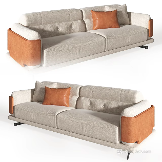 Modern Light Gray Sectional Sofa With Brown Leather Armrests And Cushions 3d model