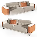 Modern Light Gray Sectional Sofa With Brown Leather Armrests And Cushions 3d model