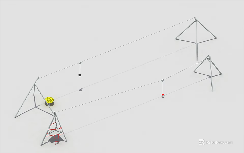 Outdoor Amusement Equipment With Triangular Towers Cables And Colored Suspended Seats 3d model 