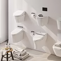 Modern Bathroom Wall with Multiple Wall Mounted Toilets Toilet Paper Holders and Stacked Towels