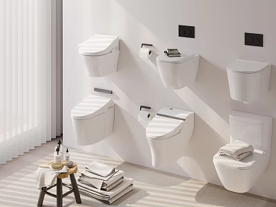 Modern Bathroom Wall with Multiple Wall Mounted Toilets Toilet Paper Holders and Stacked Towels 3d model