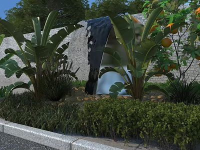 Lush Tropical Garden Landscape Design With Stone Wall Waterfall Banana Plants And Orange Trees 3d model