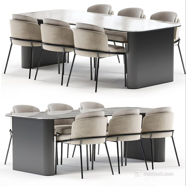 Modern Dining Table Set With Beige Upholstered Chairs And Black Frame Design 3d model
