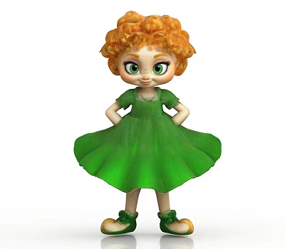 Cute Cartoon Girl With Red Curly Hair Green Dress And Green Shoes Hands On Hips 3d model