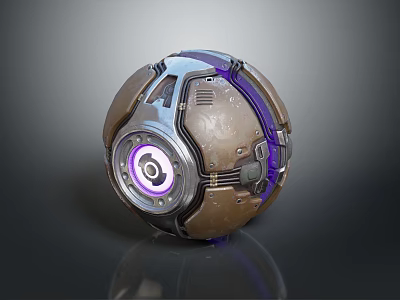 Futuristic Metallic Decorative Ornament Set With Spherical Design Purple Glowing Ring And Brown Silver Finish 3d model