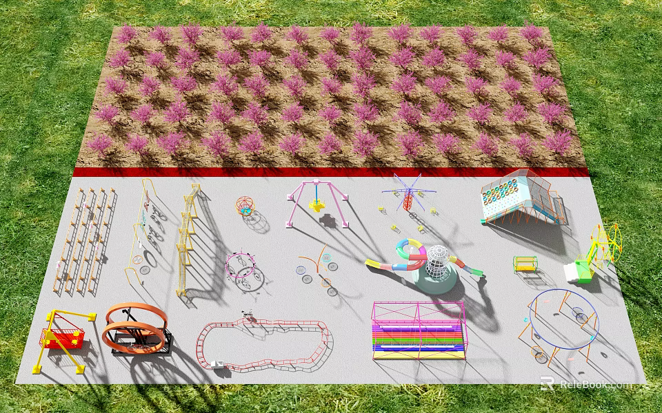 Outdoor Playground Equipment With Various Play Structures Swings Slides And Climbing Frames On Green Lawn 3d model 