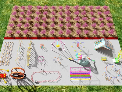 Outdoor Playground Equipment With Various Play Structures Swings Slides And Climbing Frames On Green Lawn 3d model