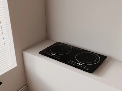 Modern Kitchen Interior With Black Induction Cooktop On White Countertop And Window Blinds 3d model