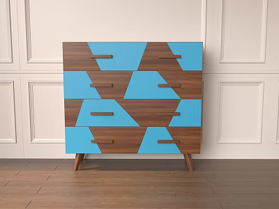Modern Entryway Console Cabinet With Blue Brown Geometric Drawers And Wooden Legs Design 3d model