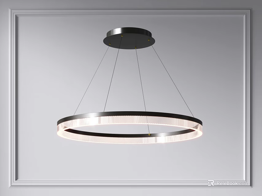 Modern Circular Chandelier With Metallic Ring Design Illuminated On Decorative Framed Wall 3d model 