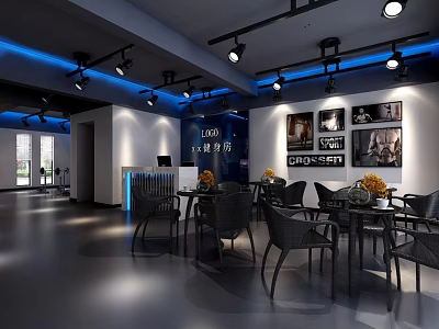 Elegant Modern Reception Desk Area With Tables Chairs Photos And Blue Lighting 3d model