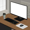 Modern Computer Monitor Setup On Wooden Desk With Keyboard Mouse And Coffee Cup