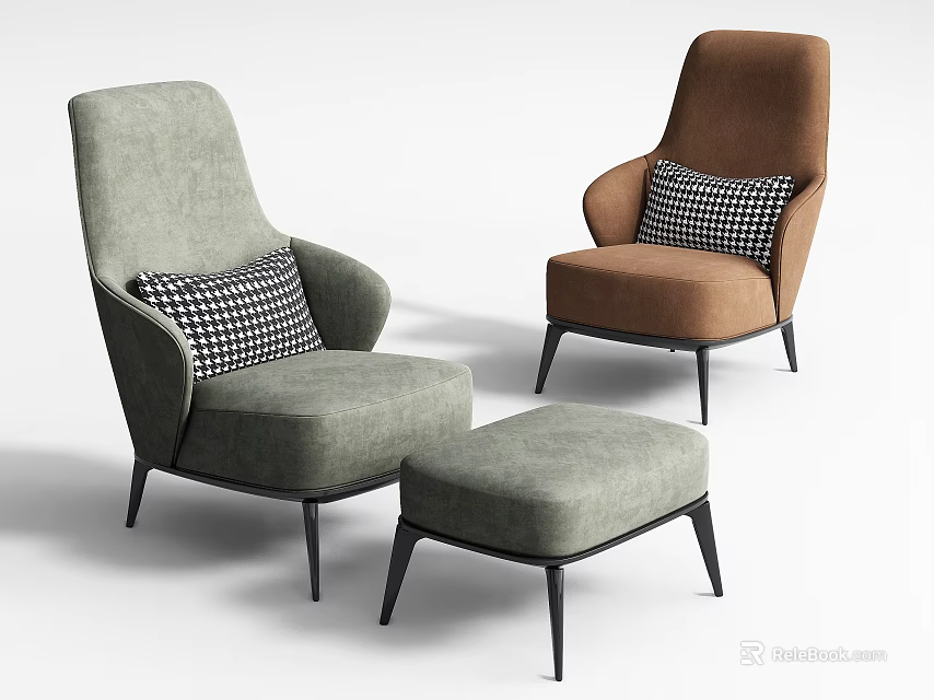 Modern Light Green and Brown Single Sofa with Checkered Pillow and Ottoman 3d model 